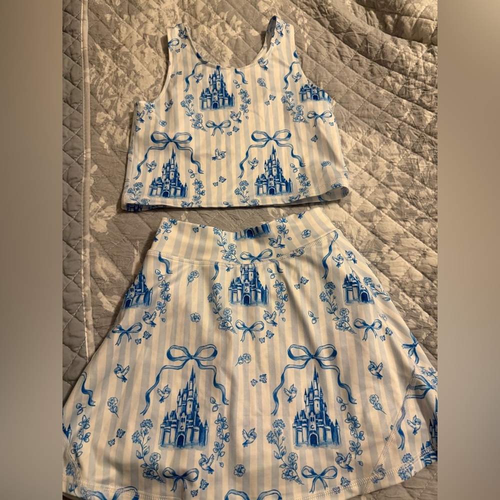 Disney Girls crop Blue and White Castle Print Top and Skirt Set